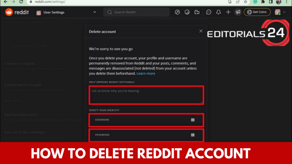 delete reddit account